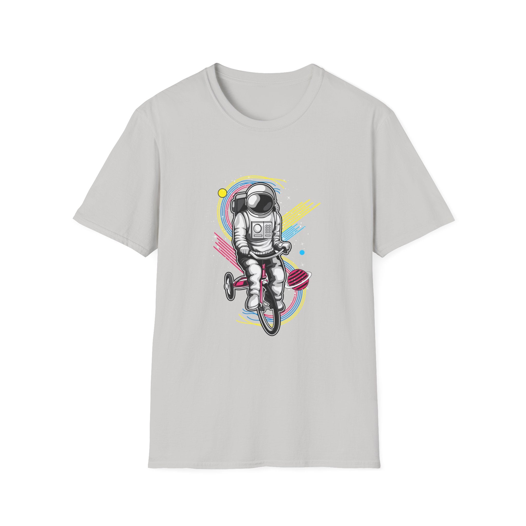 Astronaut Riding Tricycle T-Shirt | Space Helmet, Retro Neon Planets