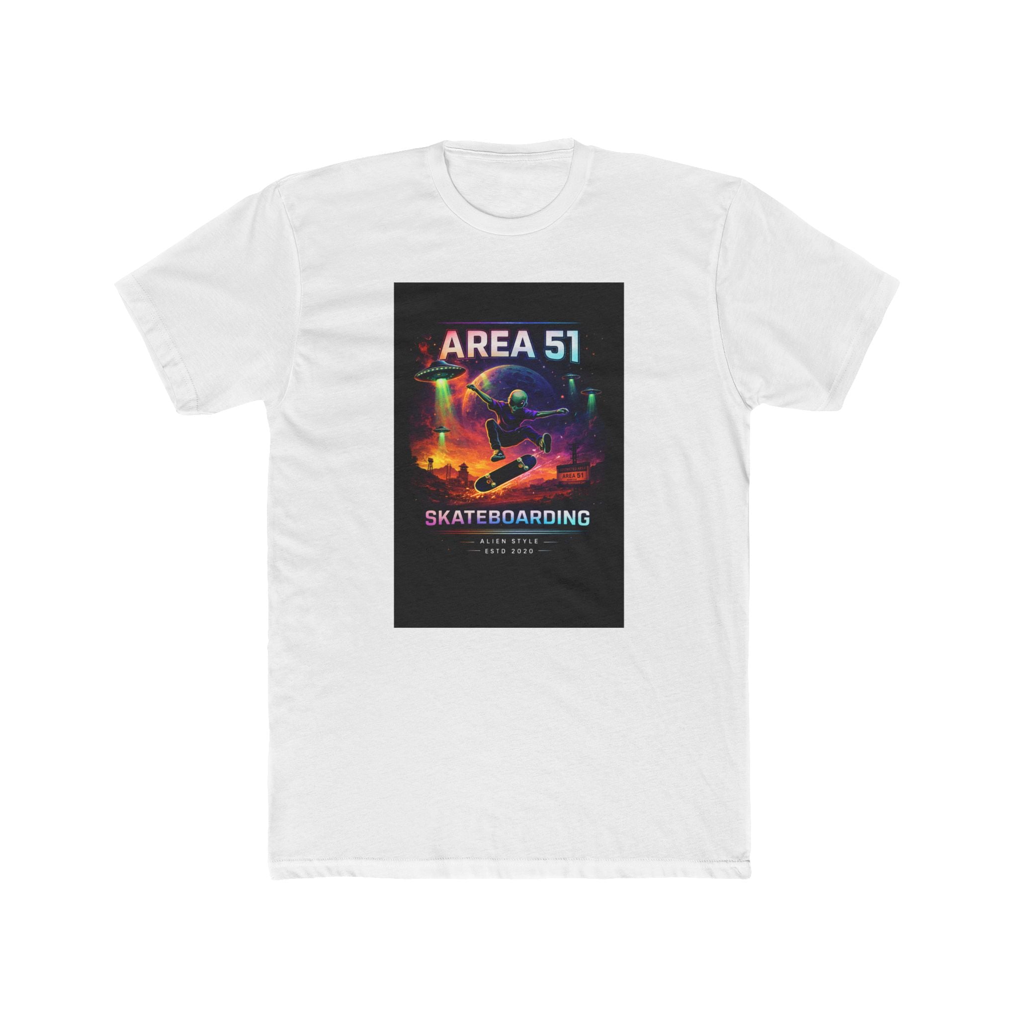 Area 51 Skateboarding Tee — Retro Neon UFO Skate Park Graphic T-Shirt