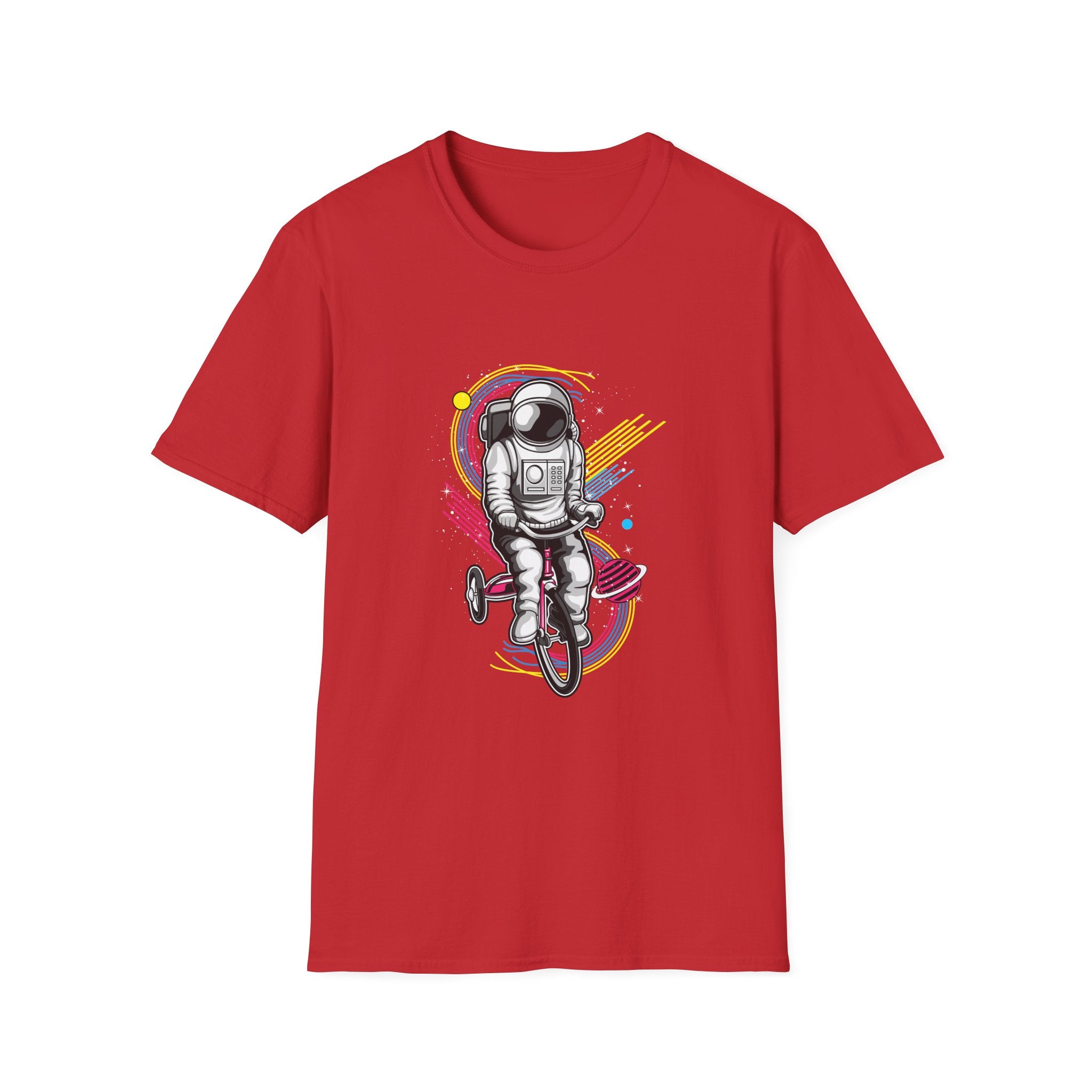 Astronaut Riding Tricycle T-Shirt | Space Helmet, Retro Neon Planets