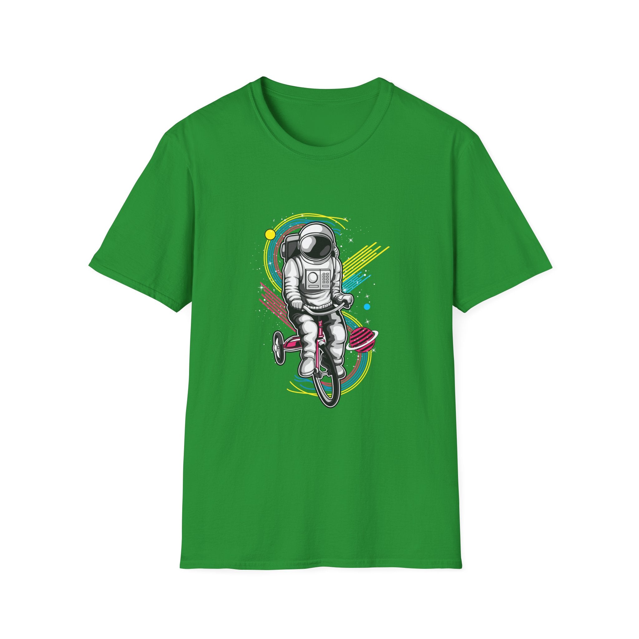 Astronaut Riding Tricycle T-Shirt | Space Helmet, Retro Neon Planets