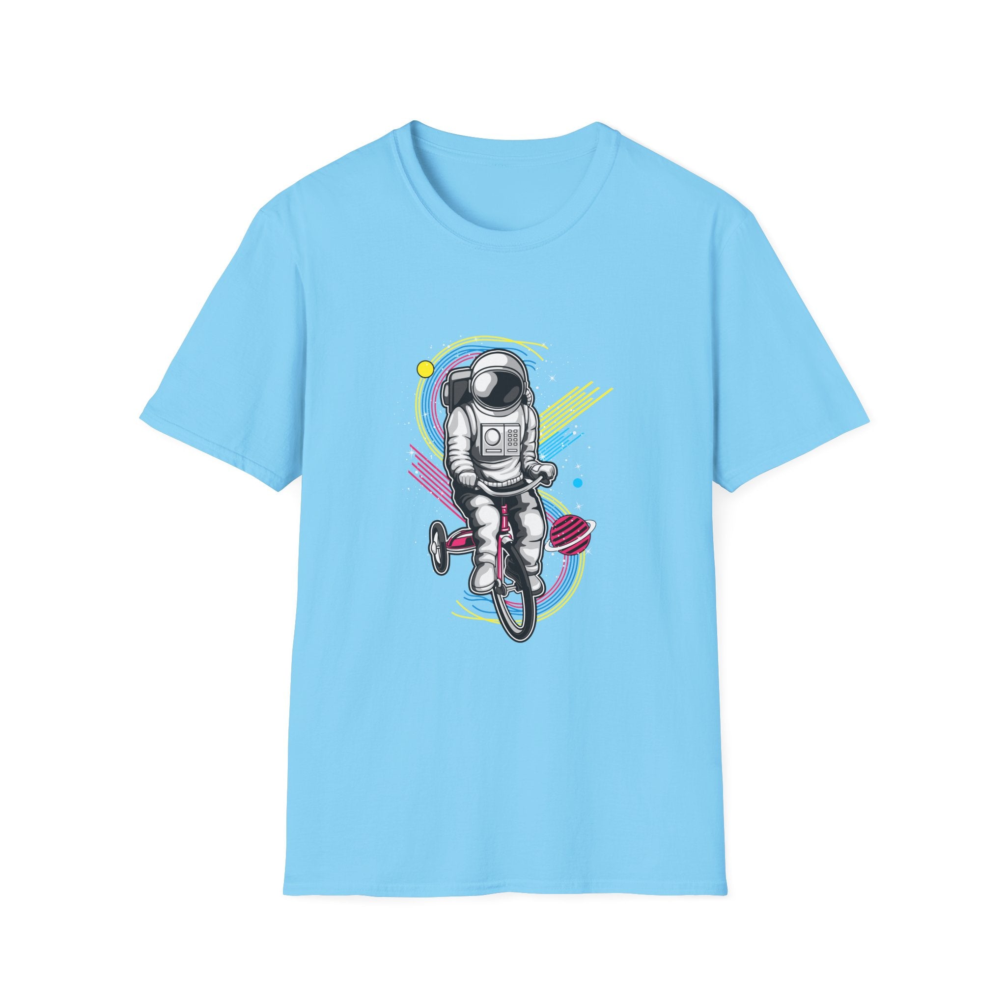 Astronaut Riding Tricycle T-Shirt | Space Helmet, Retro Neon Planets