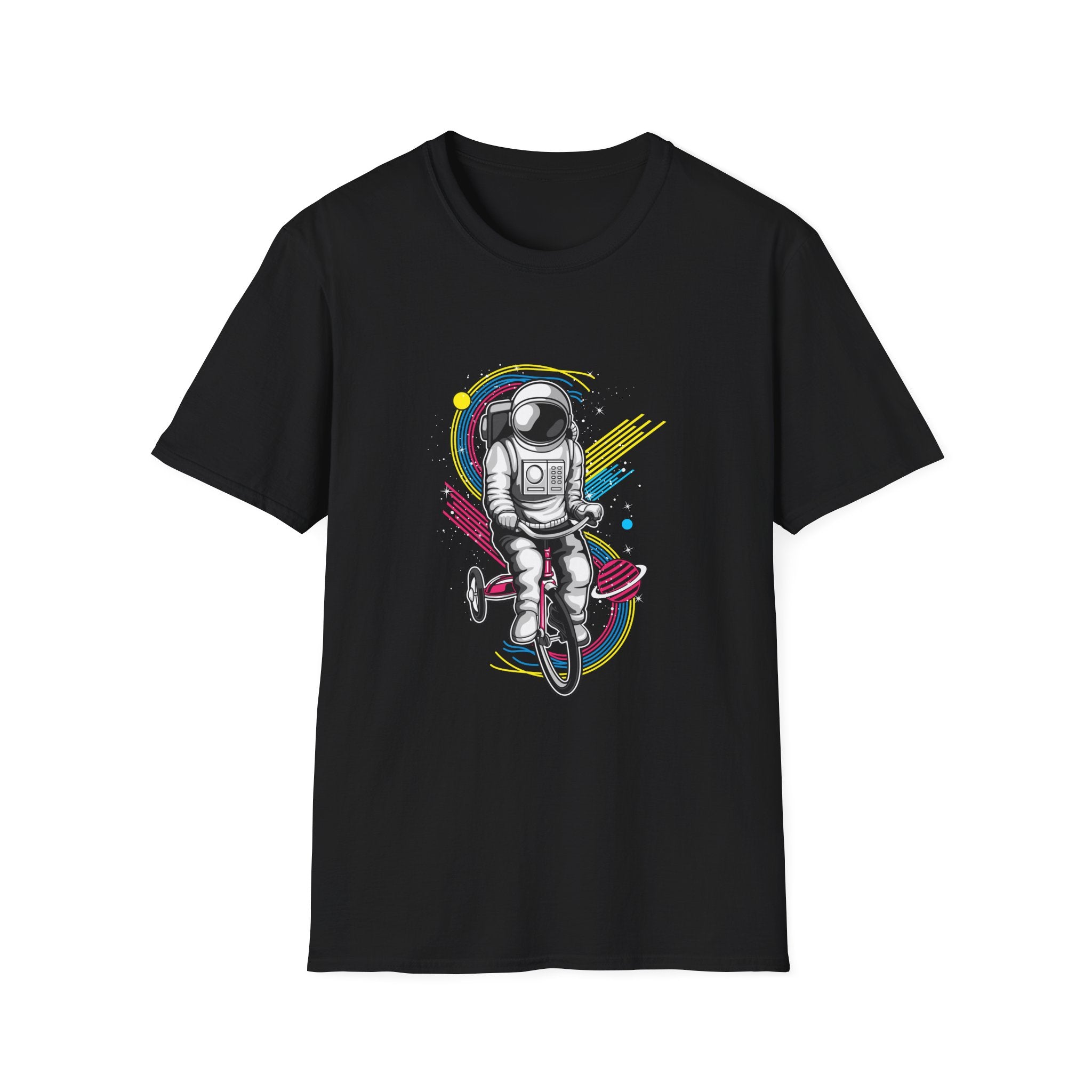Astronaut Riding Tricycle T-Shirt | Space Helmet, Retro Neon Planets