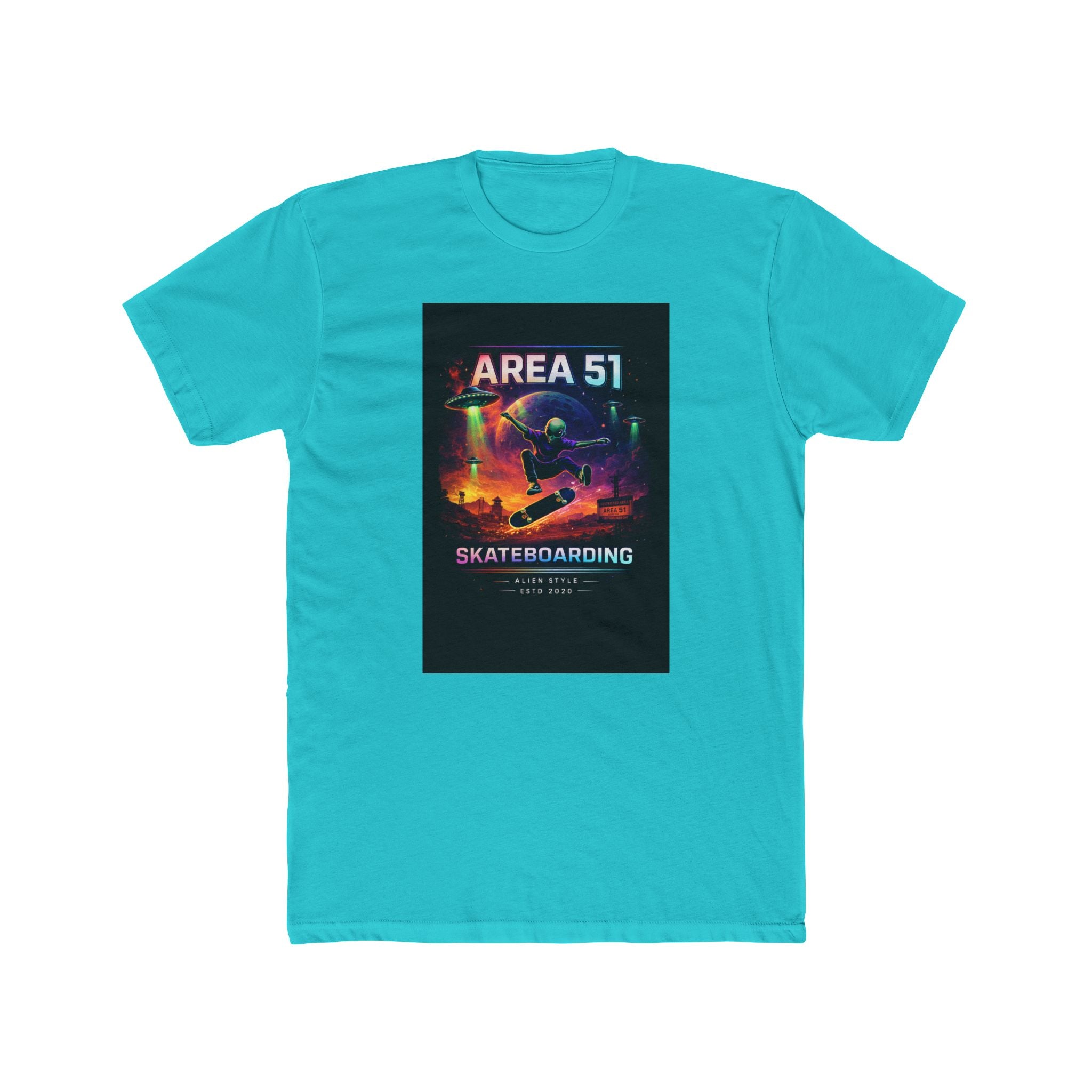 Area 51 Skateboarding Tee — Retro Neon UFO Skate Park Graphic T-Shirt