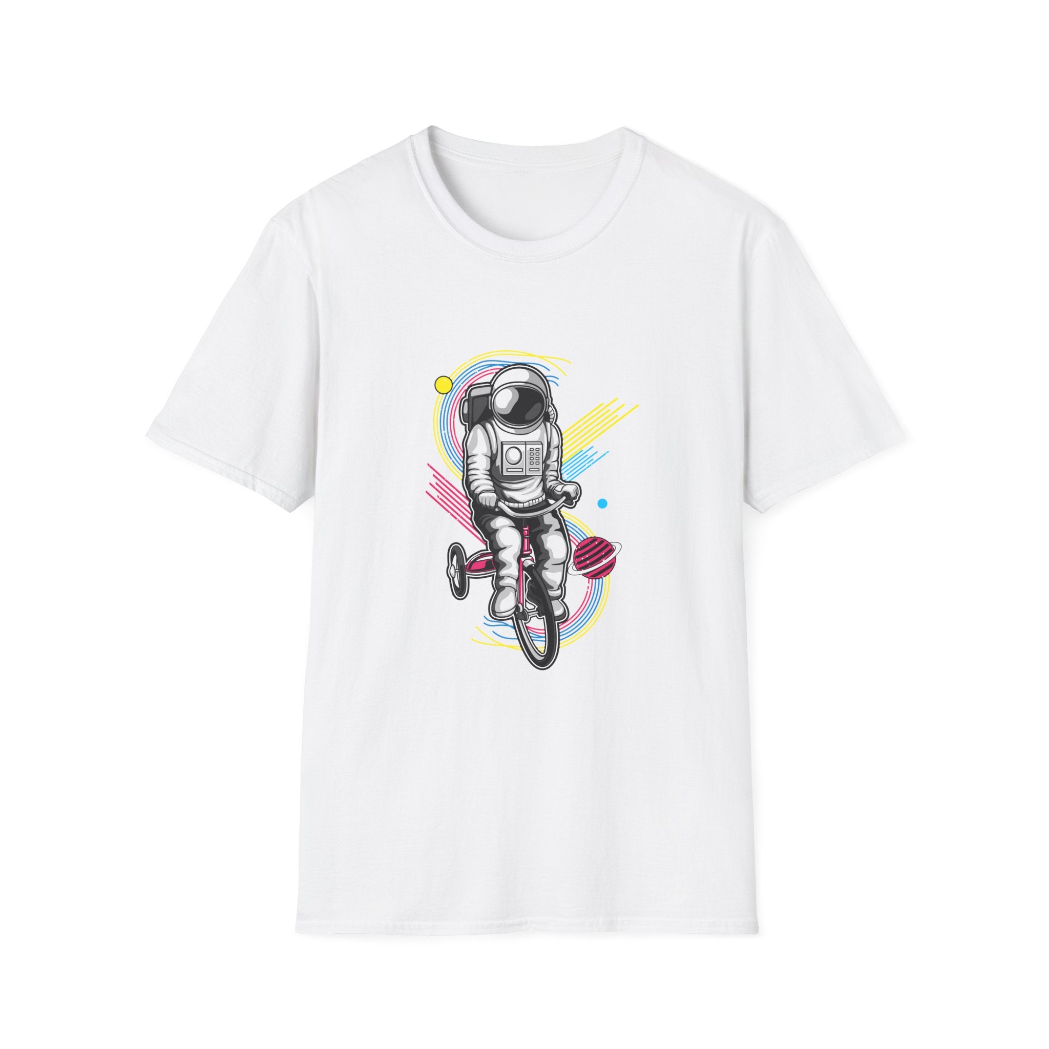 Astronaut Riding Tricycle T-Shirt | Space Helmet, Retro Neon Planets