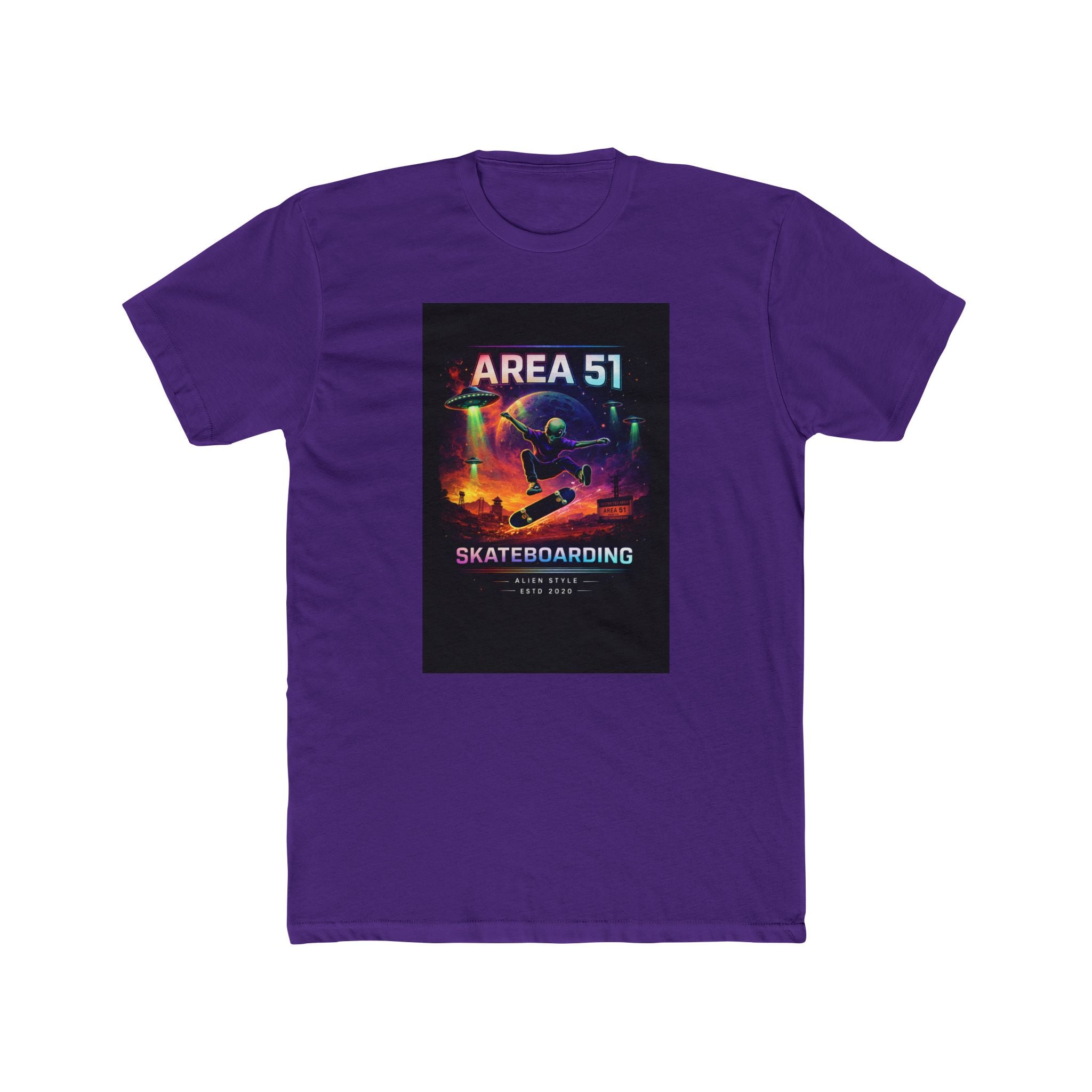 Area 51 Skateboarding Tee — Retro Neon UFO Skate Park Graphic T-Shirt