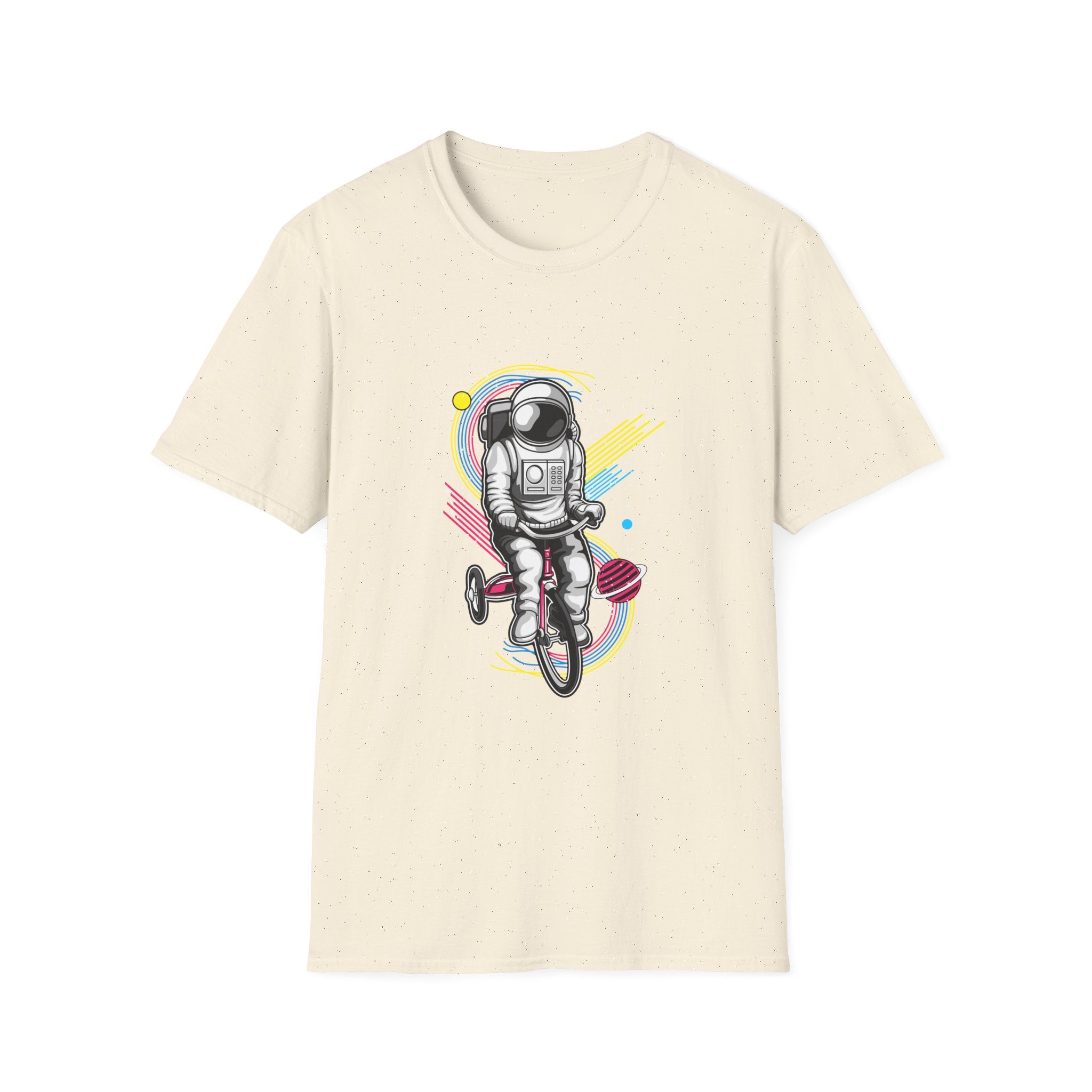 Astronaut Riding Tricycle T-Shirt | Space Helmet, Retro Neon Planets